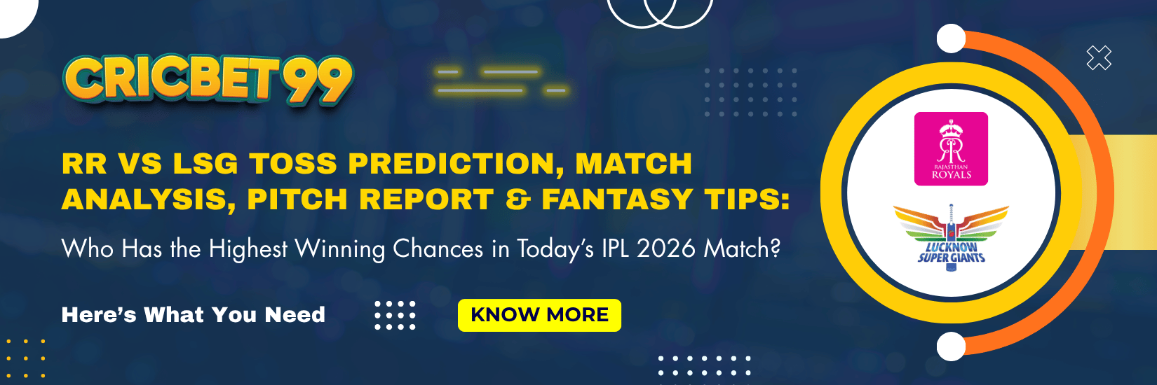 RR vs LSG Toss Prediction, Match Analysis, Pitch Report & Fantasy Tips Who Has the Highest Winning Chances in Today’s IPL 2026 Match